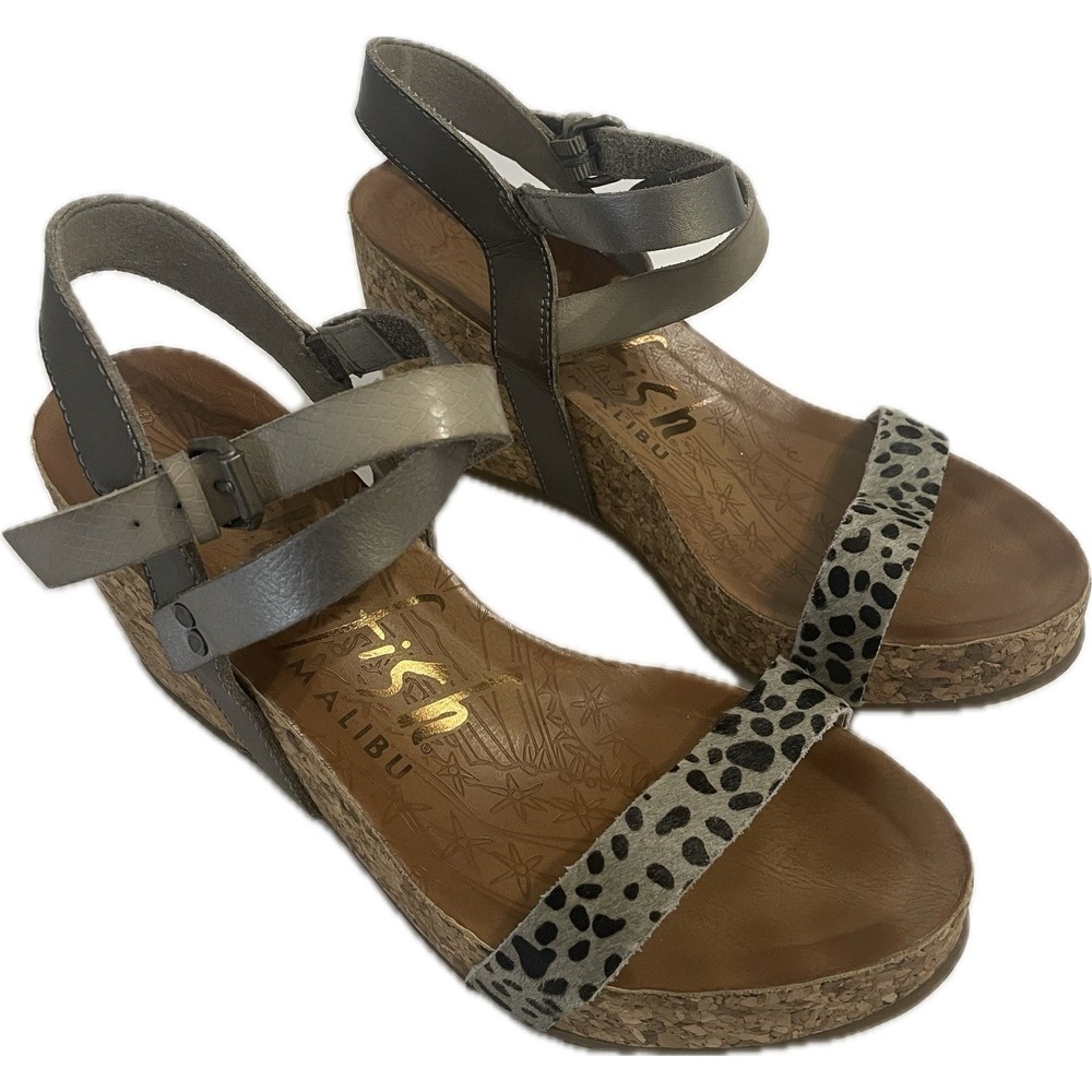Blowfish Malibu Leopard Gray Wedge Sandals Platform Womens Size 8 1/2 DateNight